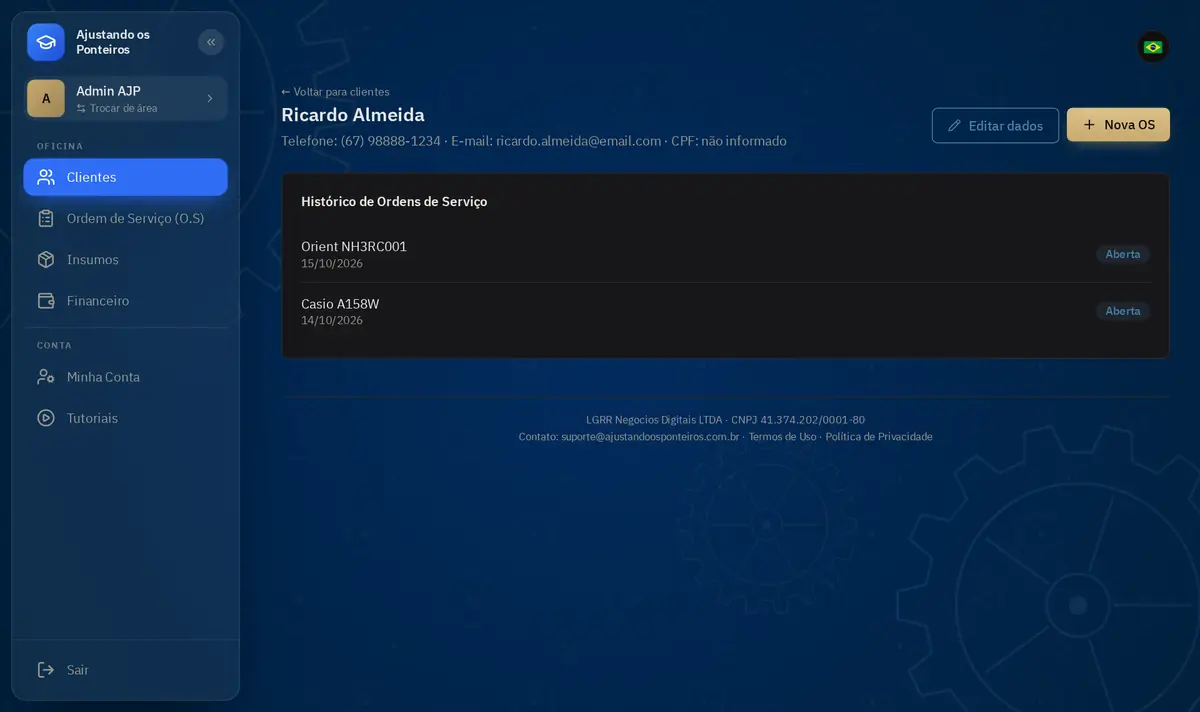 Ficha do cliente Ricardo Almeida com o histórico de ordens de serviço