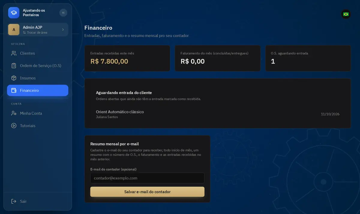 Tela do financeiro com entradas recebidas no mês de R$ 7.800,00