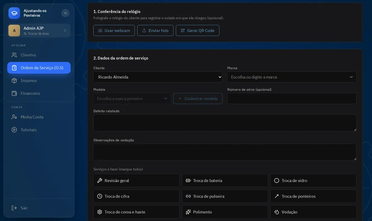 Formulário de nova ordem de serviço com conferência por foto, cliente, marca, modelo e serviços